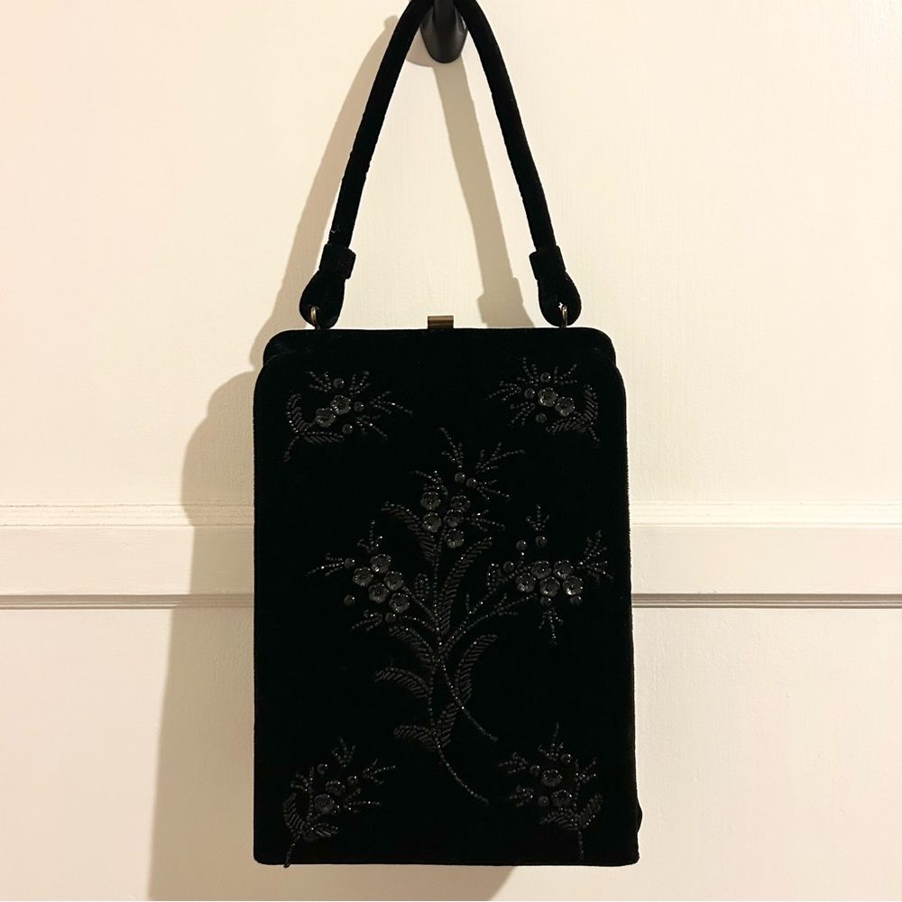 Vintage Soure Black Velvet Beaded Evening Bag
